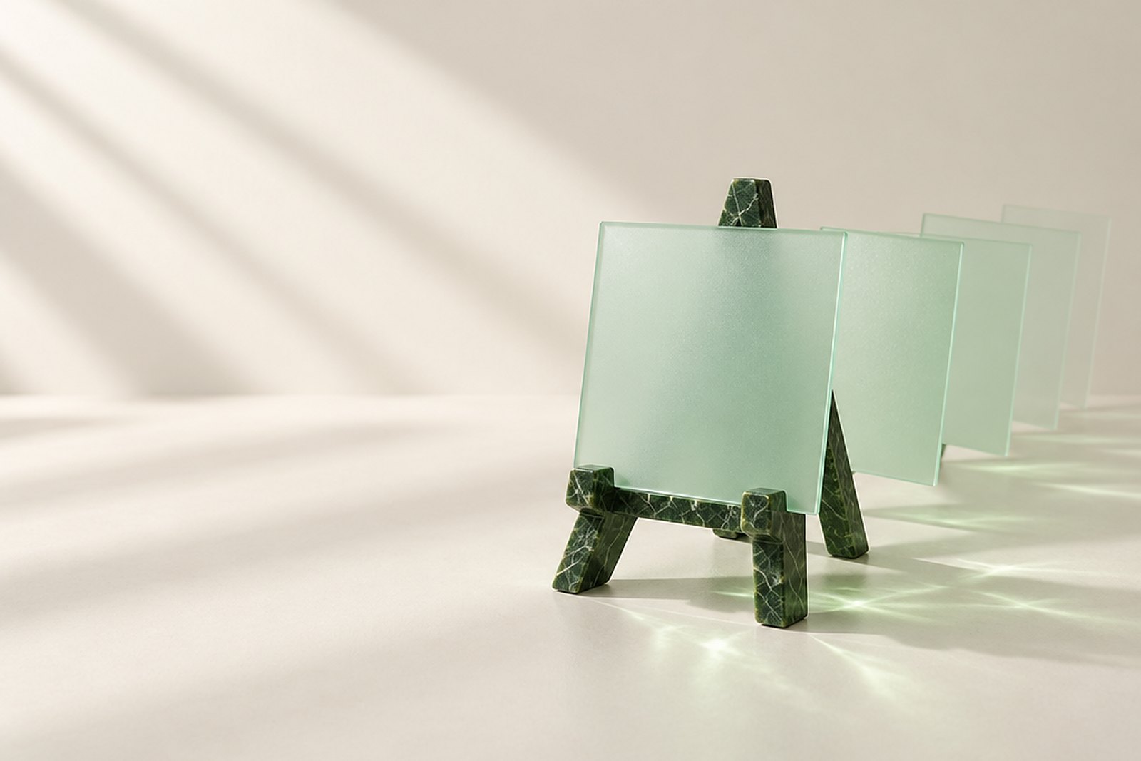 A small easel of polished green marble holding a square plate of frosted pale green glass, with three identical plates in a row behind it, each more translucent and fainter than the one in front, on a bright studio surface in diagonal window light