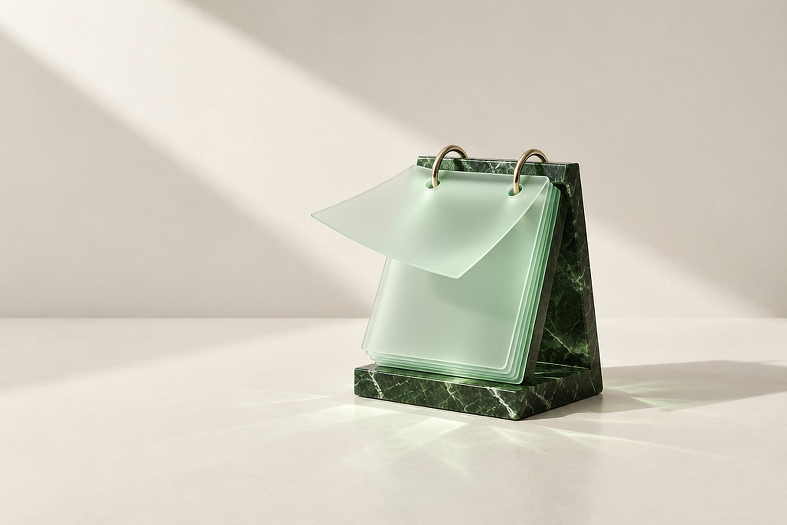A desk calendar with a polished green marble frame and frosted pale green glass pages, one page lifted in the middle, on a bright studio surface in diagonal window light