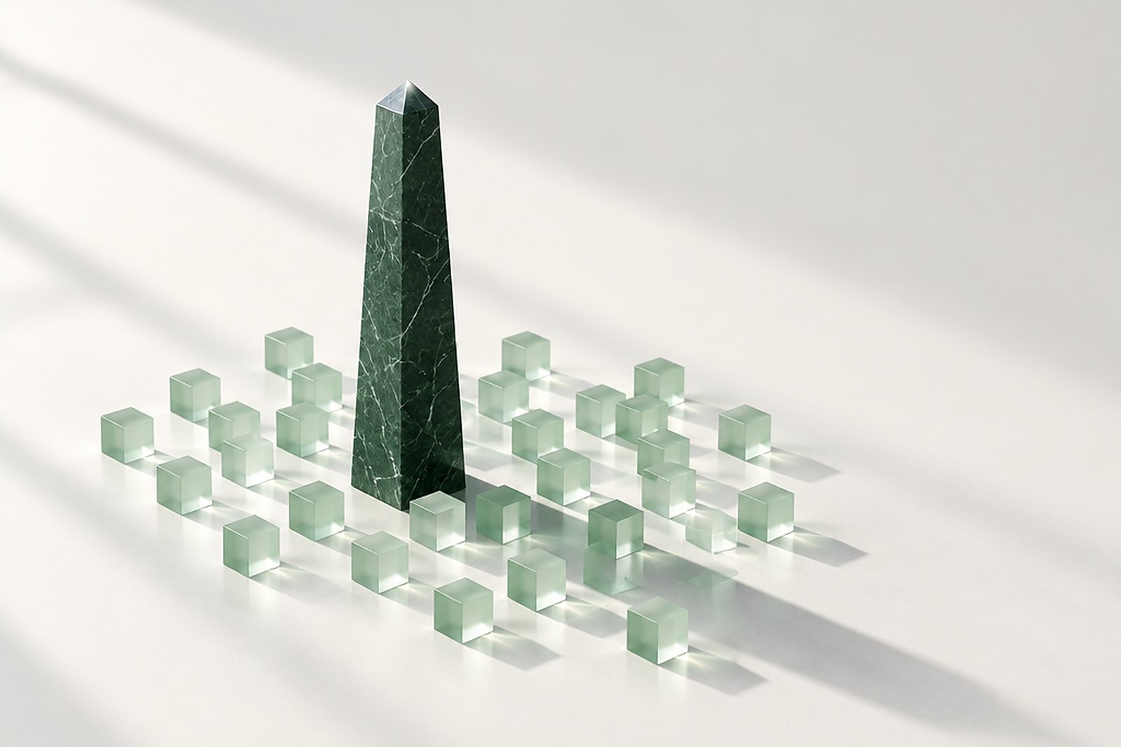 One tall polished green marble obelisk standing among a field of small frosted pale green glass cubes on a bright studio surface, diagonal window light, the obelisk's long shadow crossing the cubes