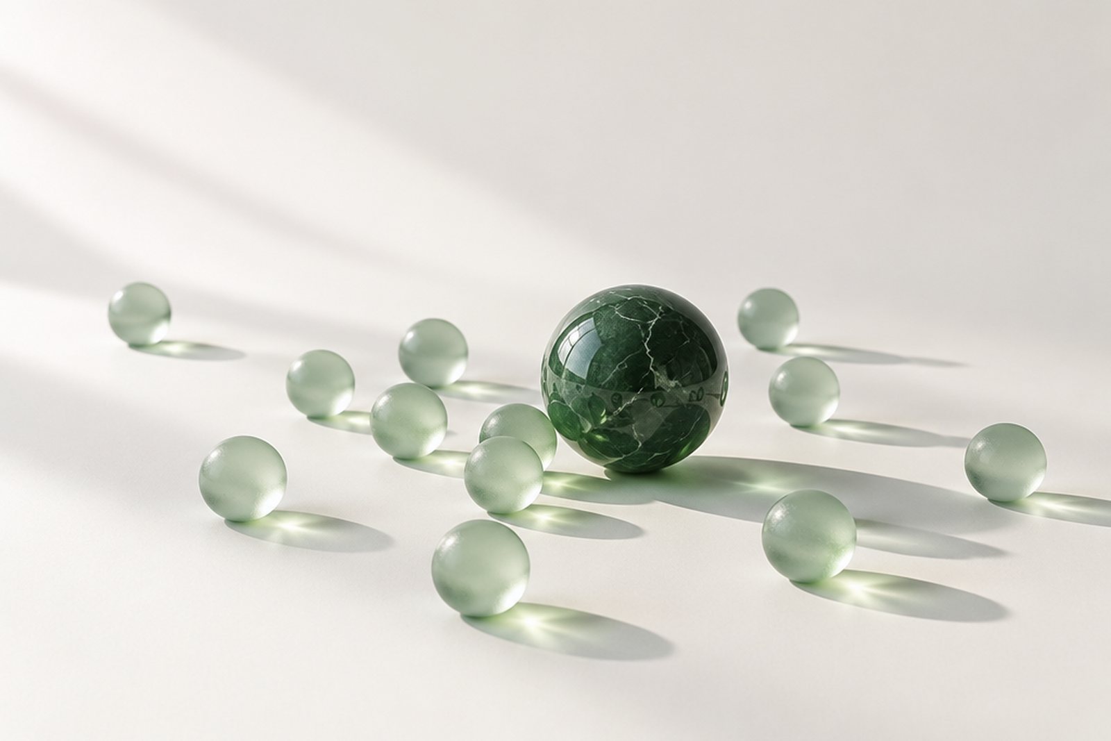 Many small frosted glass spheres scattered on a bright studio surface, with one larger green marble sphere among them