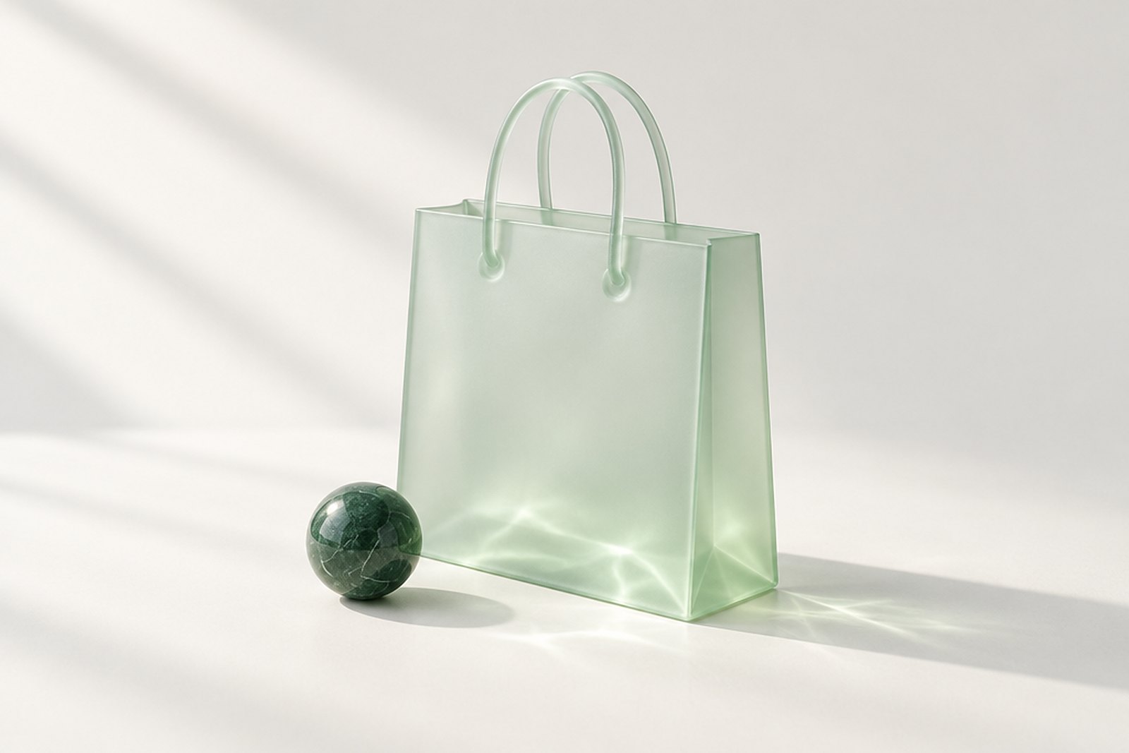 A shopping bag made of frosted pale green glass standing on a bright studio surface, with a small green marble sphere beside it, in diagonal window light